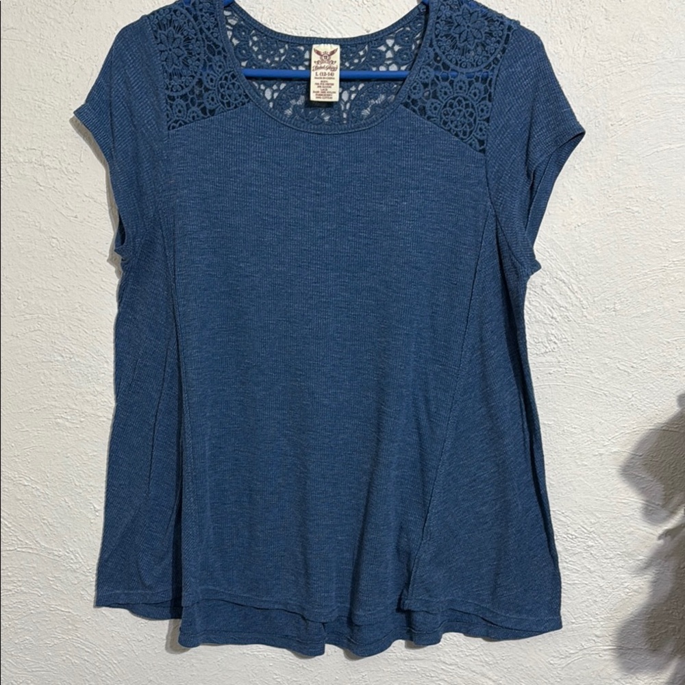 Faded Glory Blue Cap Sleeve Blouse with Lace